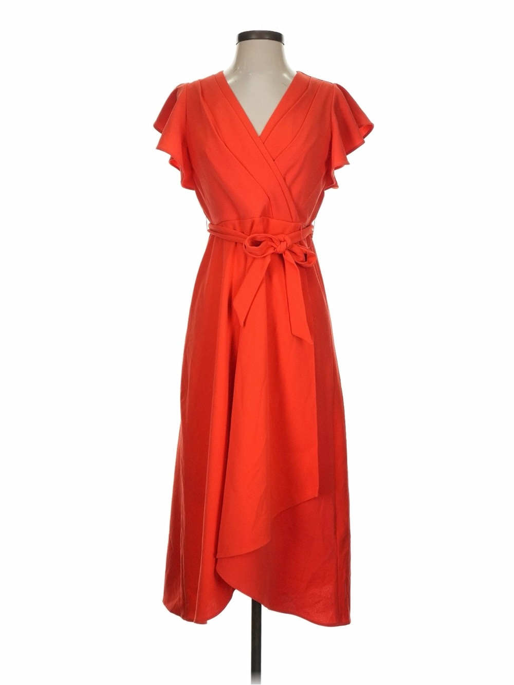 DKNY Red Wrap High-Low Dress with Flutter Sleeves